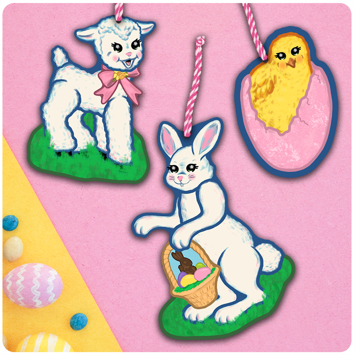 Retro Inspired Cute Easter Ornament Set