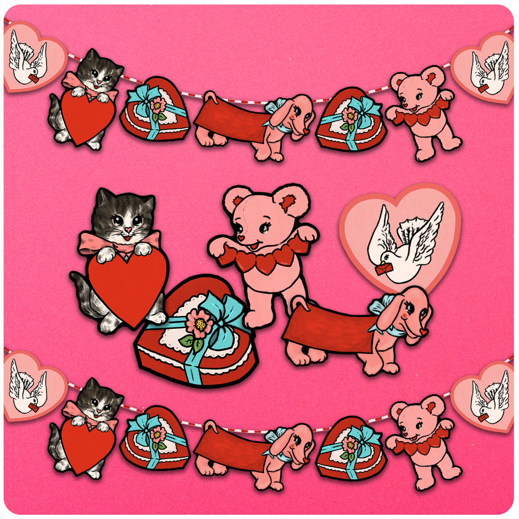 Retro Inspired Valentine's Day Love Critters Hanging Cutout Banner Decoration