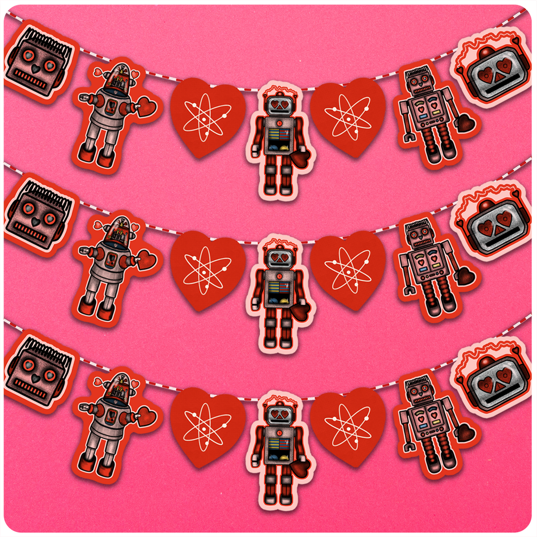Retro Inspired Valentine's Day Space Robots Cutout Banner Decoration