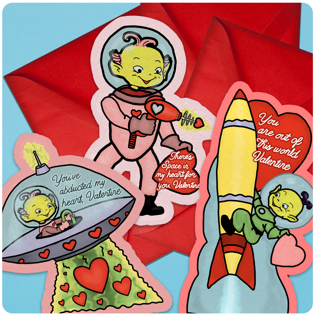 Retro Inspired Space Alien Valentine's Day Card Set of 3
