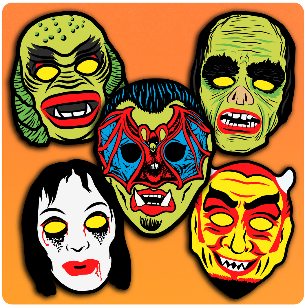 Set of 5 Retro Halloween Masks Cutout Decoration Set - Series 3