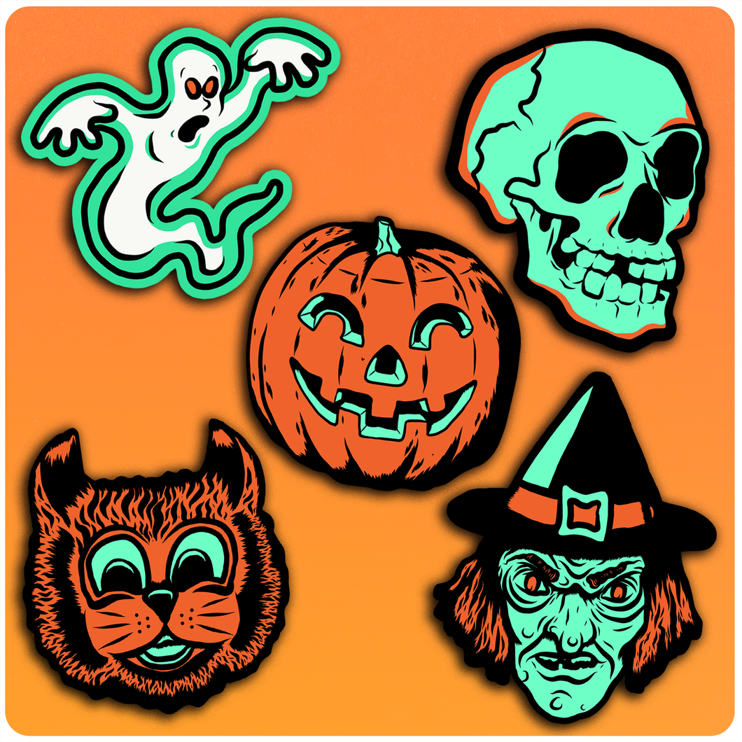 Set of 5 Retro Style Halloween Creepy Glow Cutout Decorations