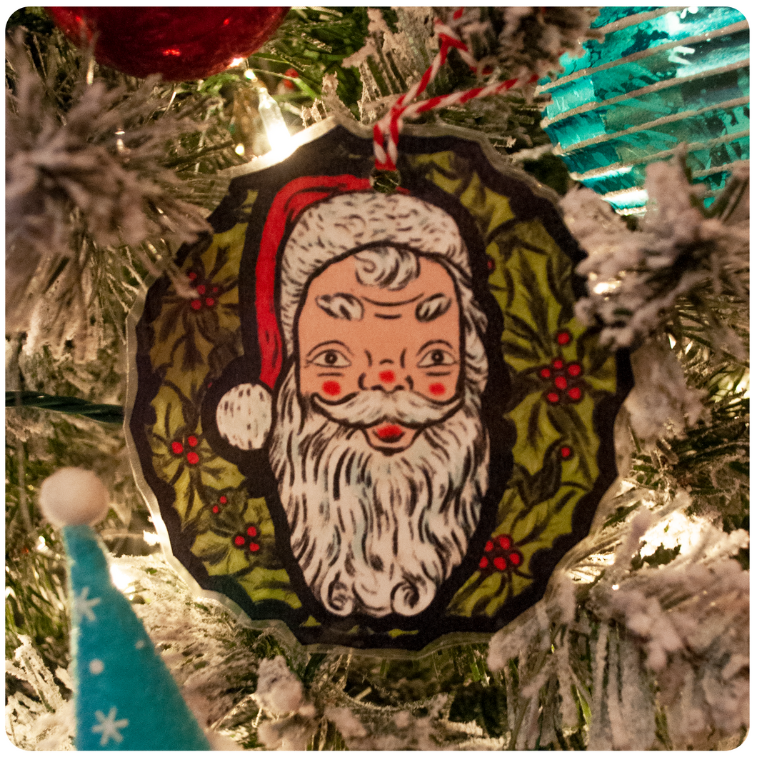 Retro Inspired Santa Christmas Wreath Set of 3 Ornaments