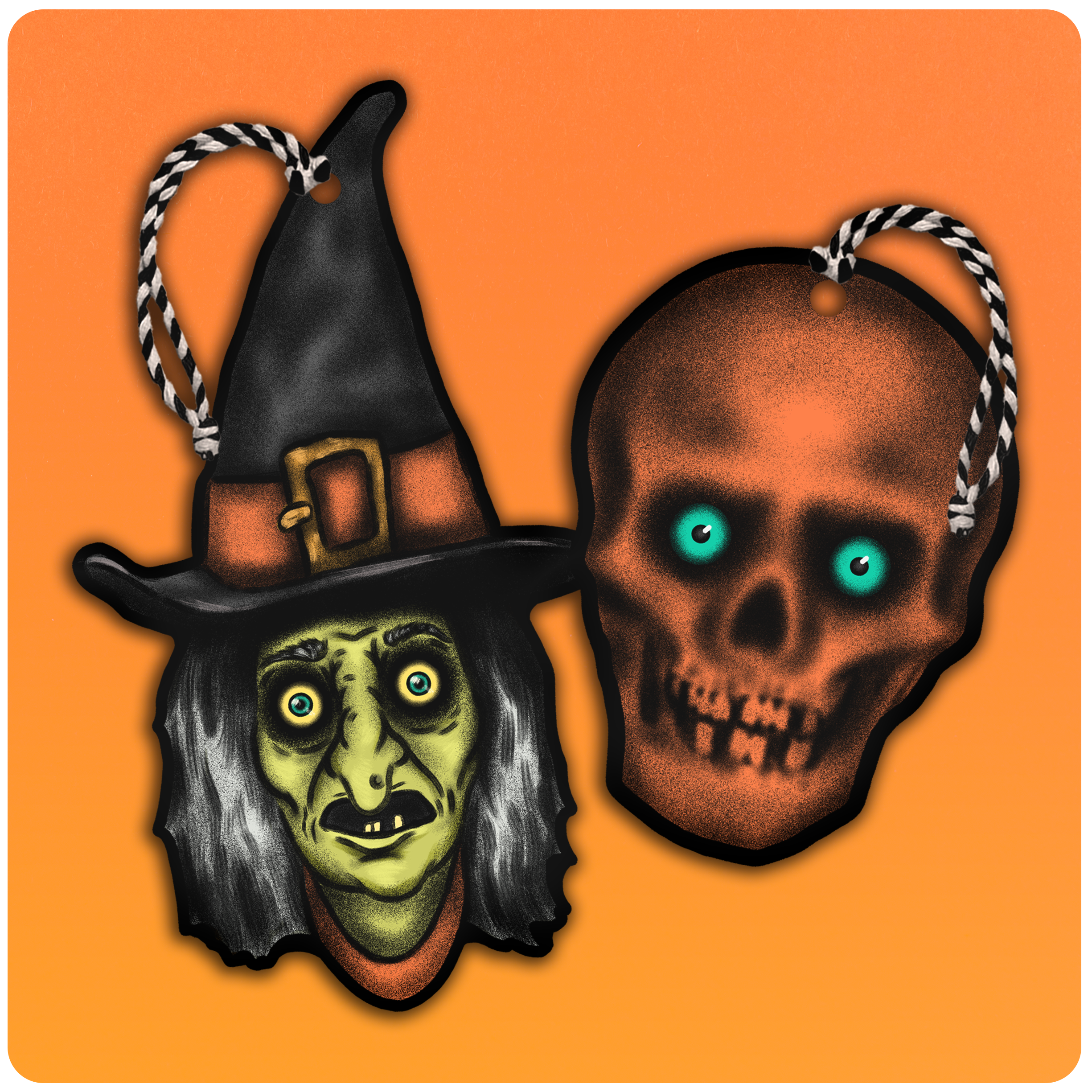 Halloween Large Ornament Set of 2 - Witch & Skull