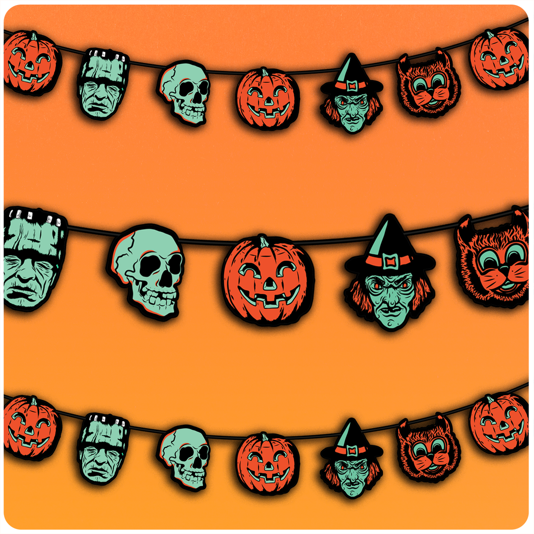 Retro Inspired Creepy Glow Style Halloween Character Cutout Banner