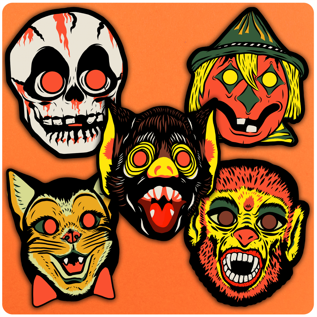 Set of 5 Retro Halloween Masks Cutout Decoration Set - Series 2