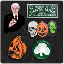 Load image into Gallery viewer, Halloween III Silver Shamrock Retro Style Decoration &amp; Pin Set
