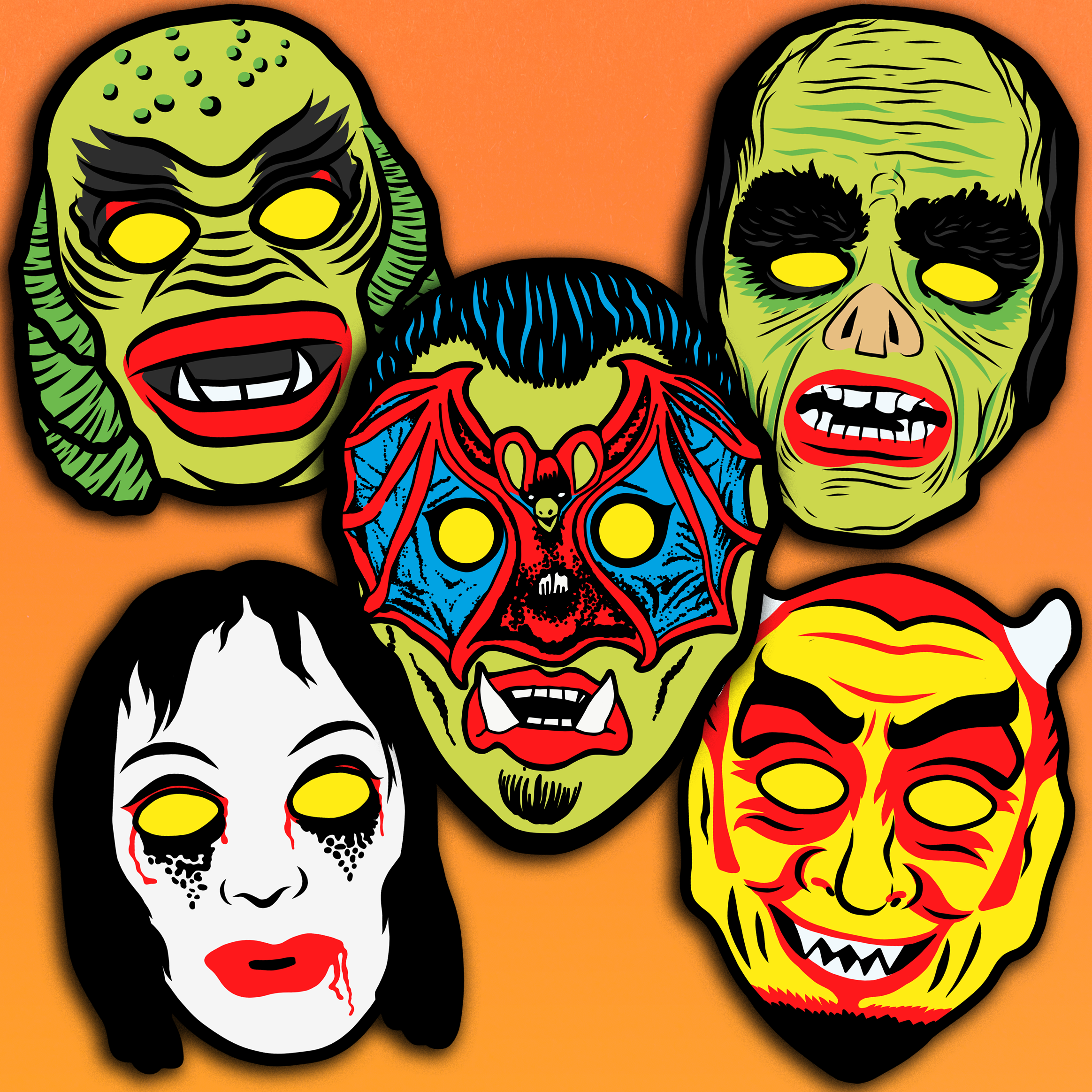 Set of 5 Retro Halloween Masks Cutout Decoration Set - Series 3