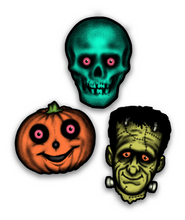 Load image into Gallery viewer, Retro inspired set of three Halloween cutout decorations - this set includes one skull one jack o lantern and one frankenstein
