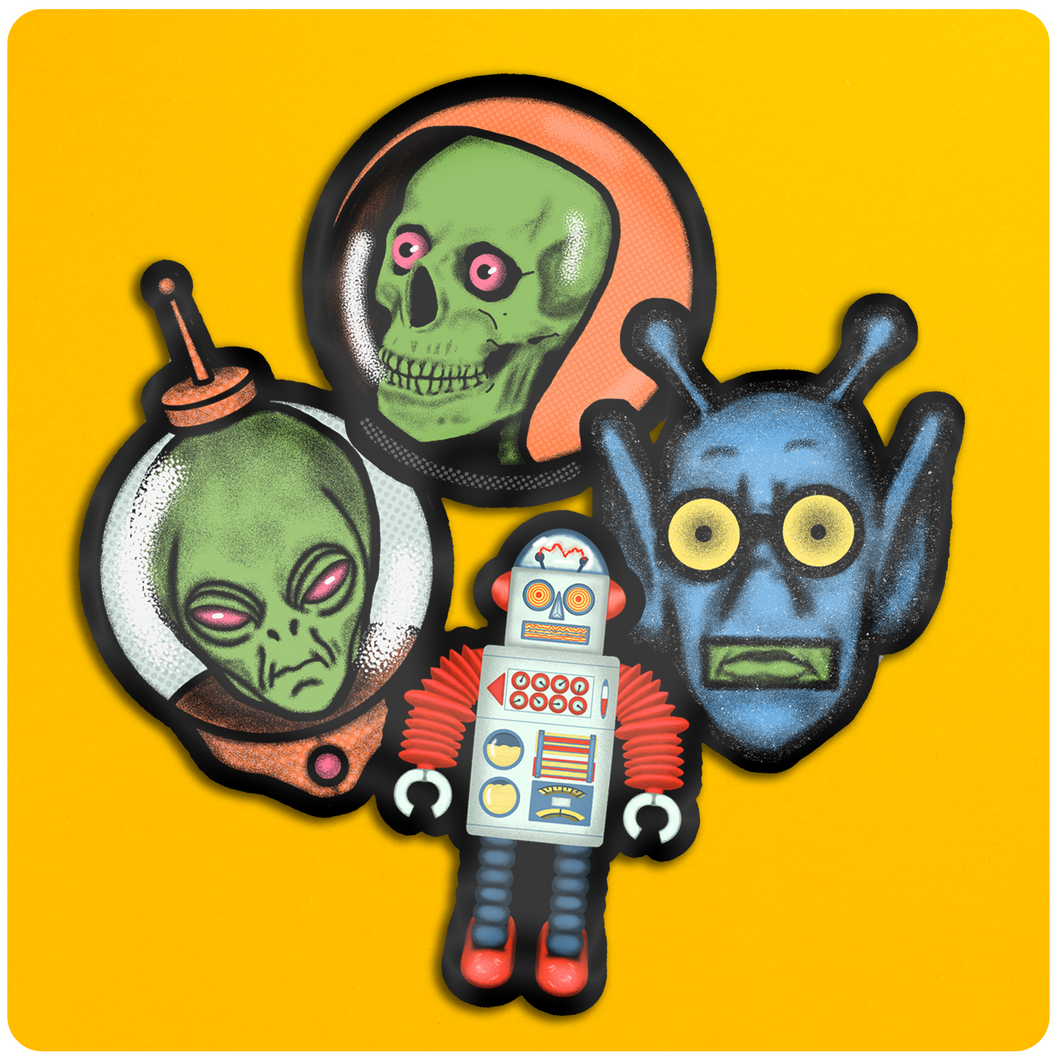 Retro Space Alien Sticker Pack