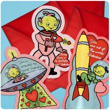Load image into Gallery viewer, Retro Inspired Space Alien Valentine&#39;s Day Card Set of 3

