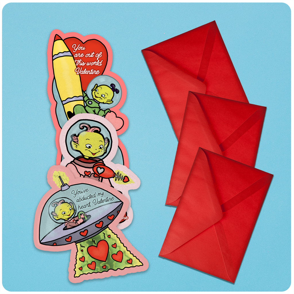 Retro Inspired Space Alien Valentine's Day Card Set of 3