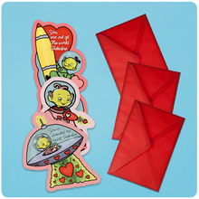Load image into Gallery viewer, Retro Inspired Space Alien Valentine&#39;s Day Card Set of 3
