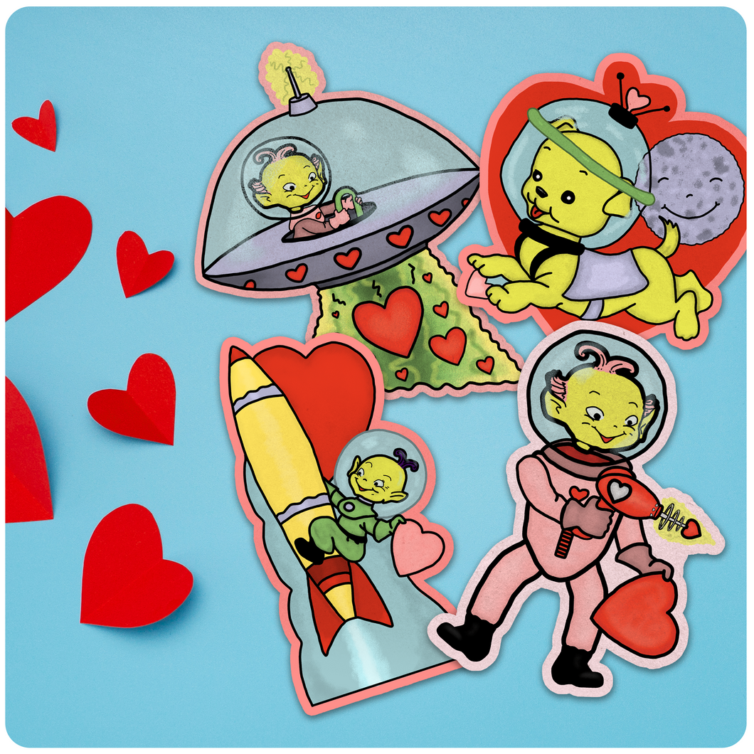 Retro Futurism Valentine's Day Outer Space Aliens Cutout Decoration Set