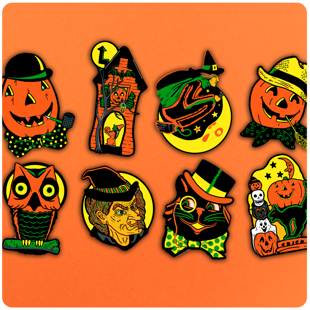 Full Set of 8 Retro Inspired Illuminated Halloween Cutout Decoration Collection