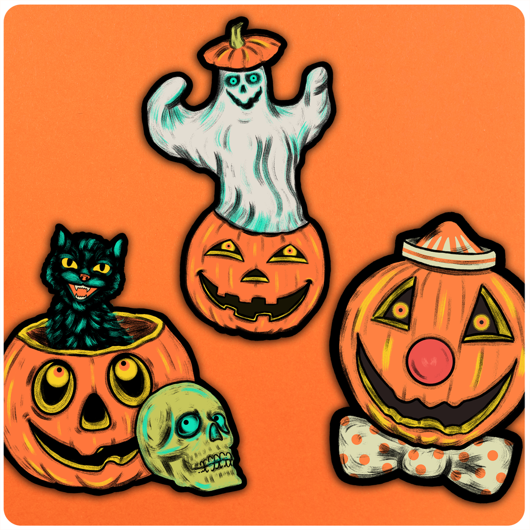 Set of 3 Retro Inspired Halloween Jolly Jack O' Lanterns Cutout Decoration Set