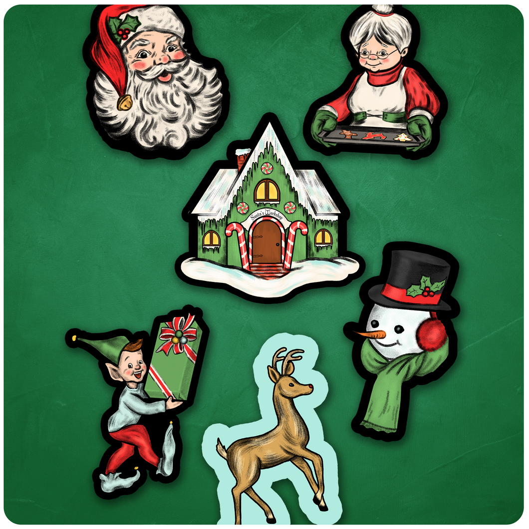 Retro Inspired Santa's Workshop Christmas Cutout Set of 6