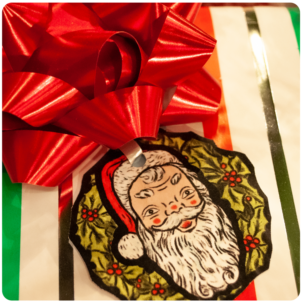 Retro Inspired Santa Blowmold Style Christmas Wreath Gift Tags