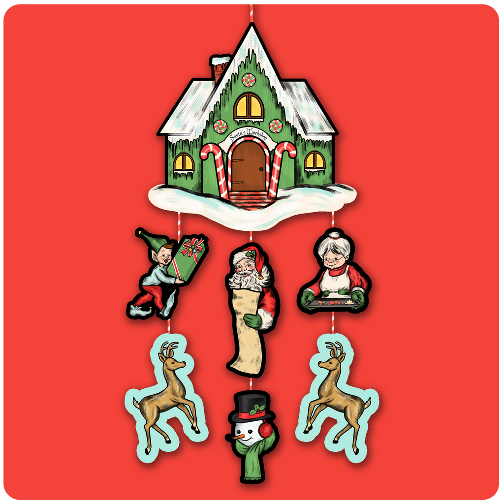 Retro Inspired Hanging Santa's Workshop Christmas Cutout Mobile