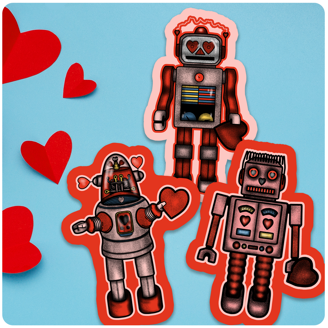 Retro Inspired Valentine's Day Space Robots Cutout Decoration Set of 3