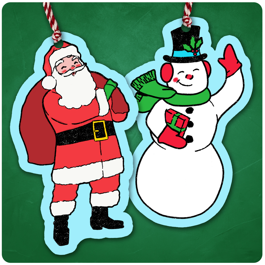 Retro Inspired Whimsical Christmas Santa & Snowman Ornament Set