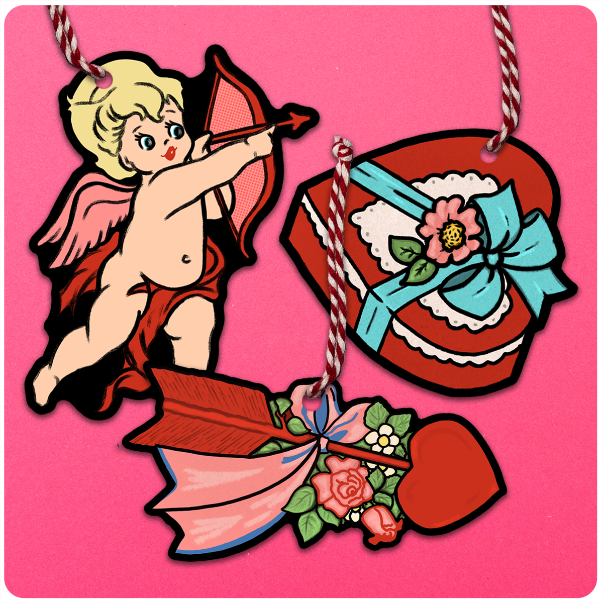 Valentine's Day Retro Inspired Large Hanging Ornament Set of 3