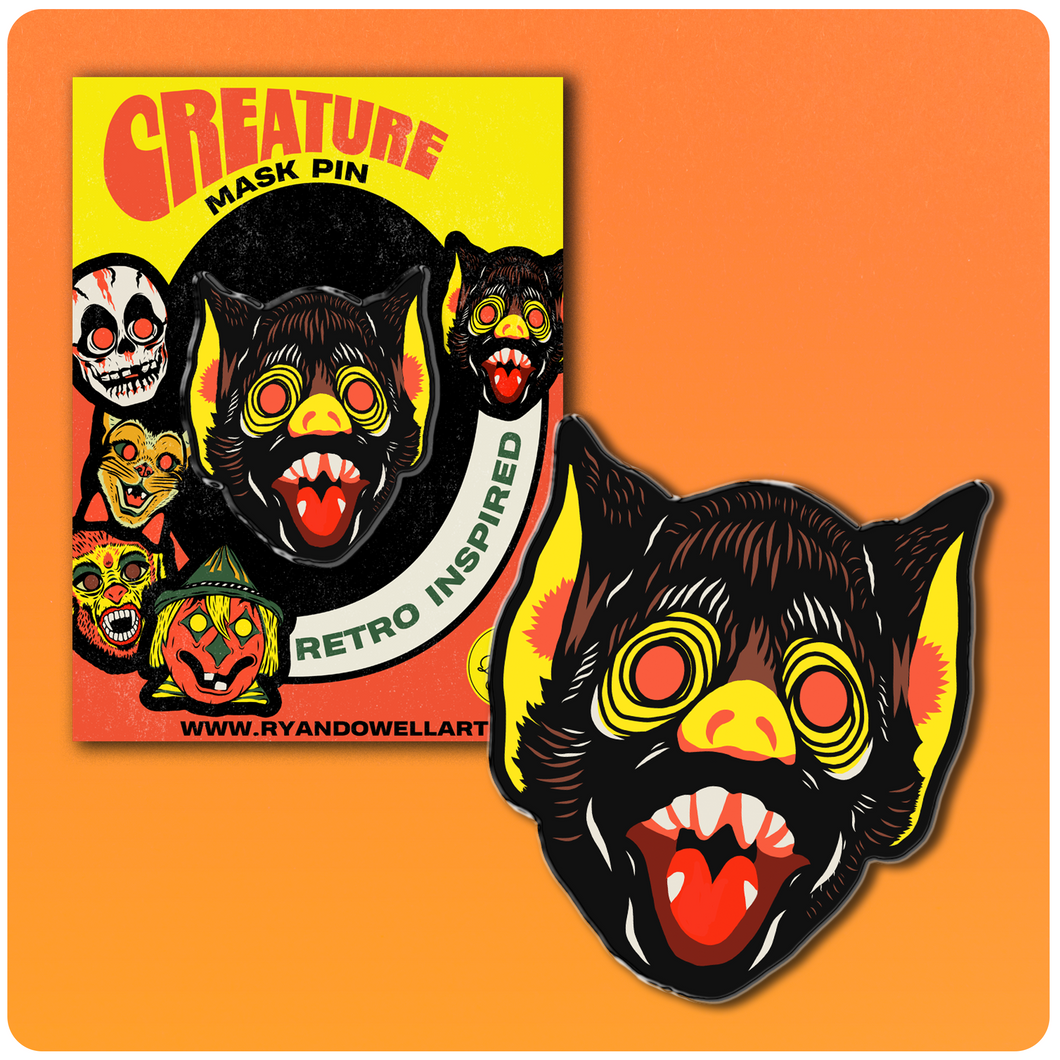 Retro Inspired Creature Halloween Mask Pin Bat Lapel Pin