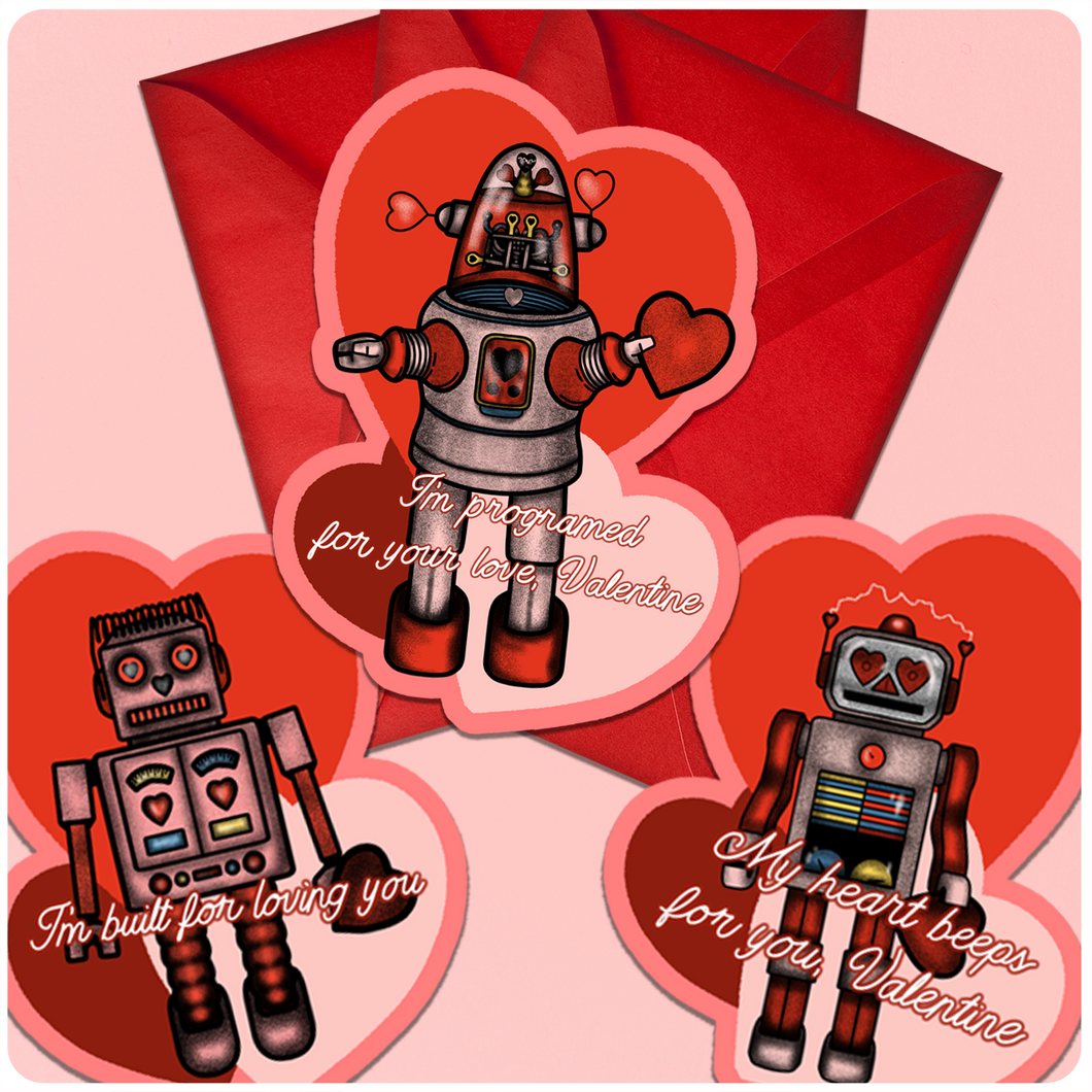 Retro Inspired Valentine's Day Robot Card Set of 3