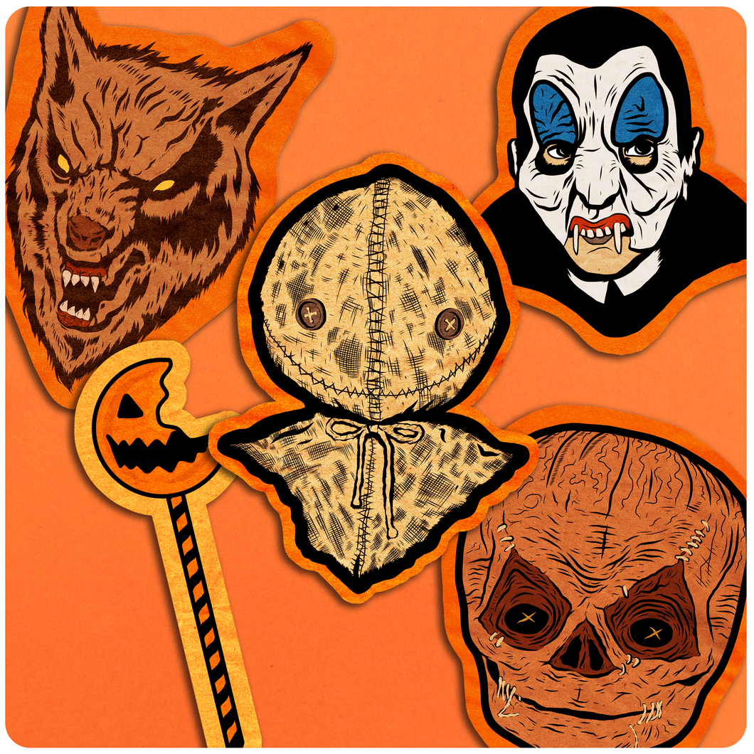 Set of 5 Trick r Treat Retro Inspired Halloween Cutout Art Print Decoration Set