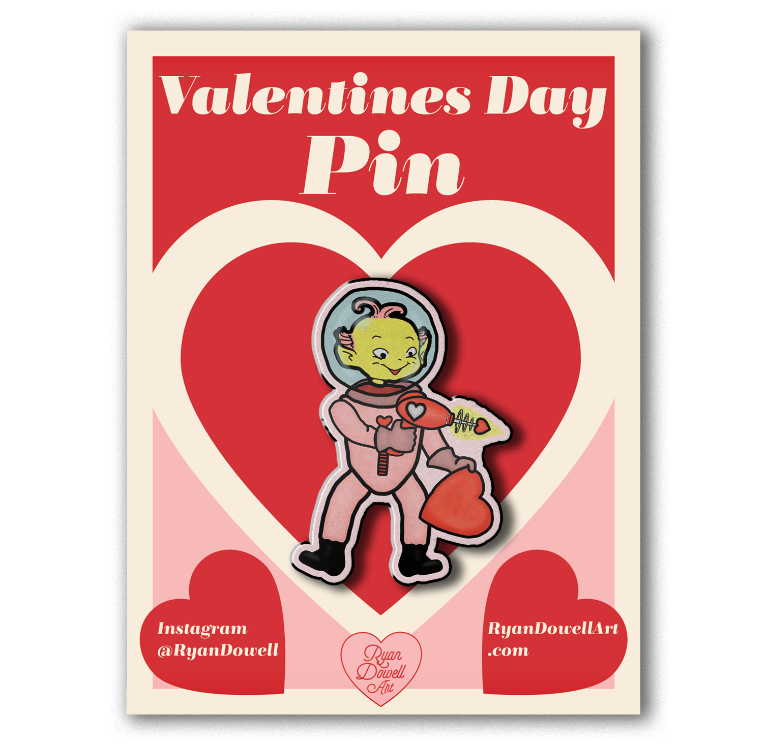 Valentine's Day Space Alien with Love Ray Gun Lapel Pin
