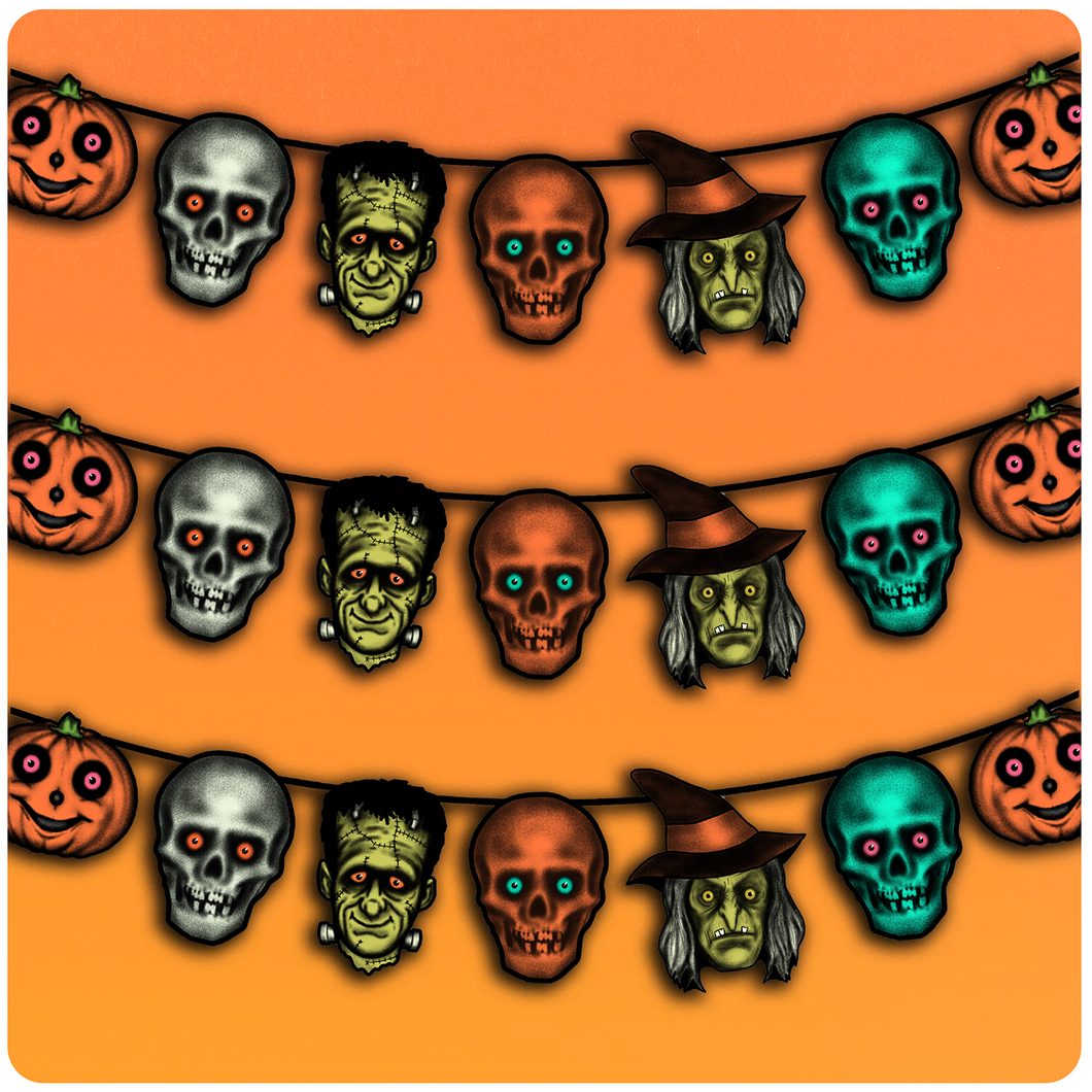 Retro Inspired  Halloween Creature Heads Cutout Banner