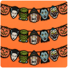 Load image into Gallery viewer, Retro Inspired Vacuform Plastic Mask Halloween Character Banner
