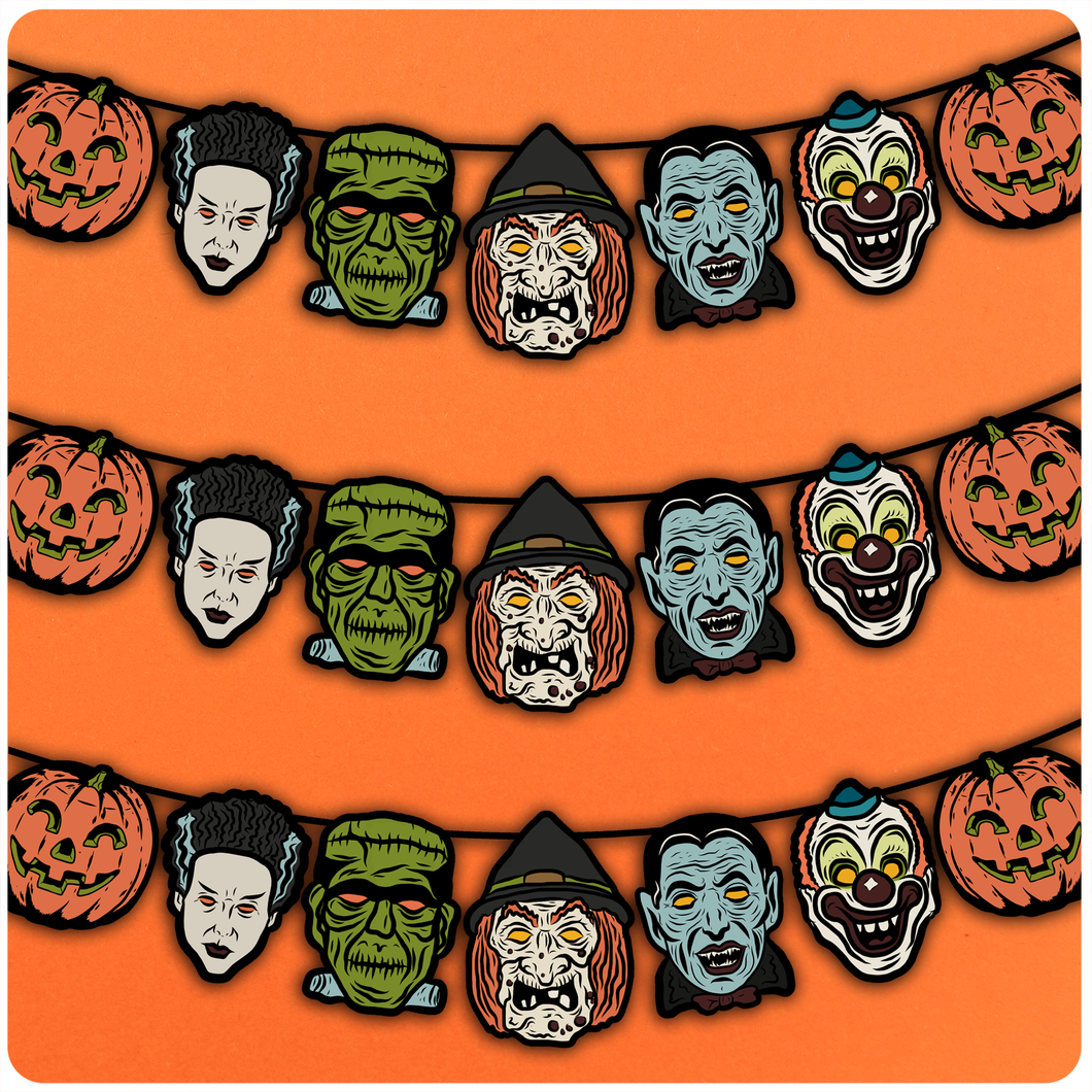Retro Inspired Vacuform Plastic Mask Halloween Character Banner