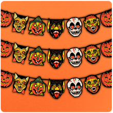 Load image into Gallery viewer, Retro Inspired Vacuform Bright Plastic Mask Halloween Character Banner
