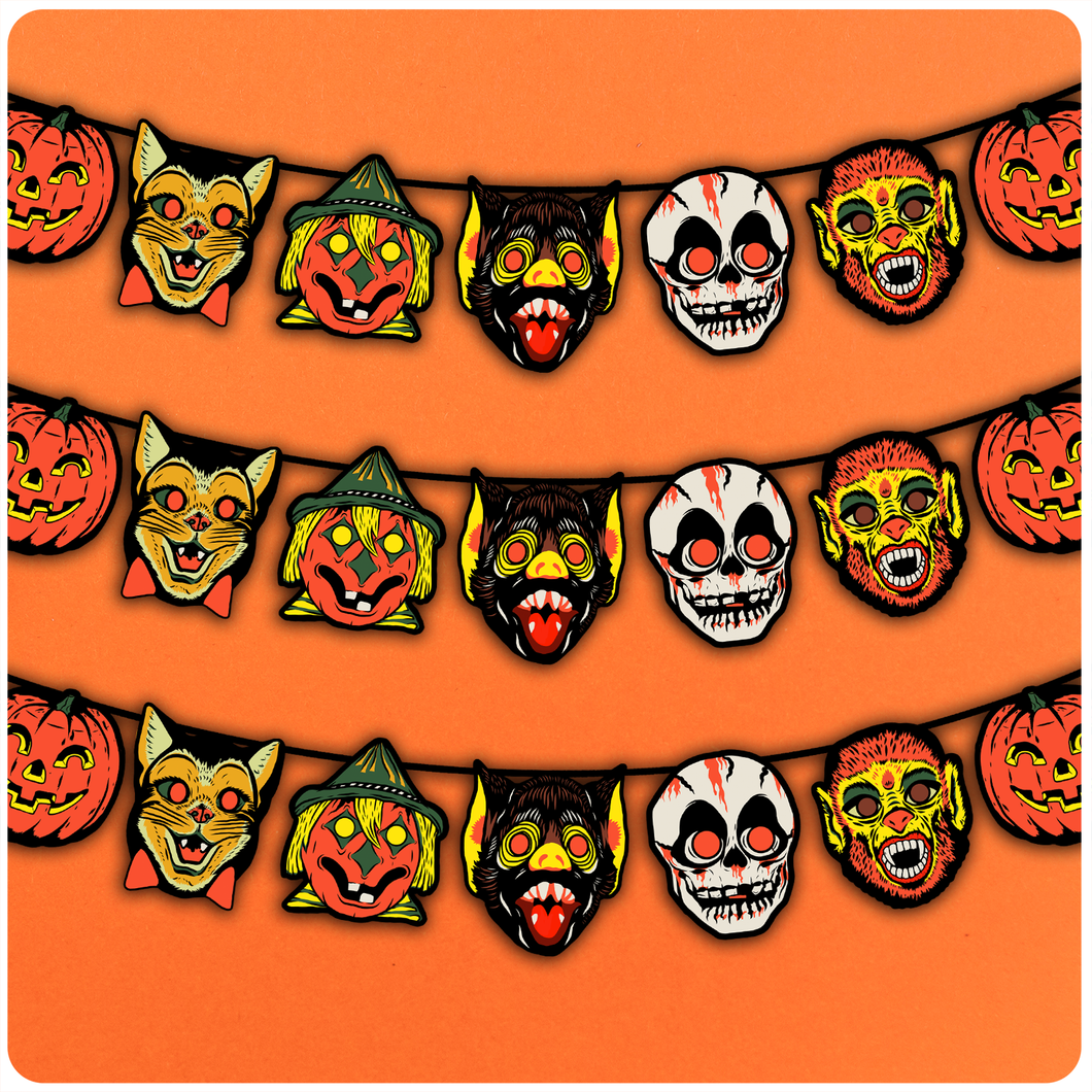 Retro Inspired Vacuform Bright Plastic Mask Halloween Character Banner