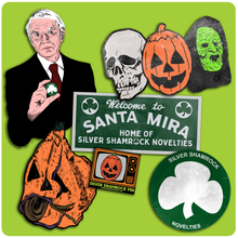 Load image into Gallery viewer, Halloween III Silver Shamrock Retro Style Decoration &amp; Pin Set

