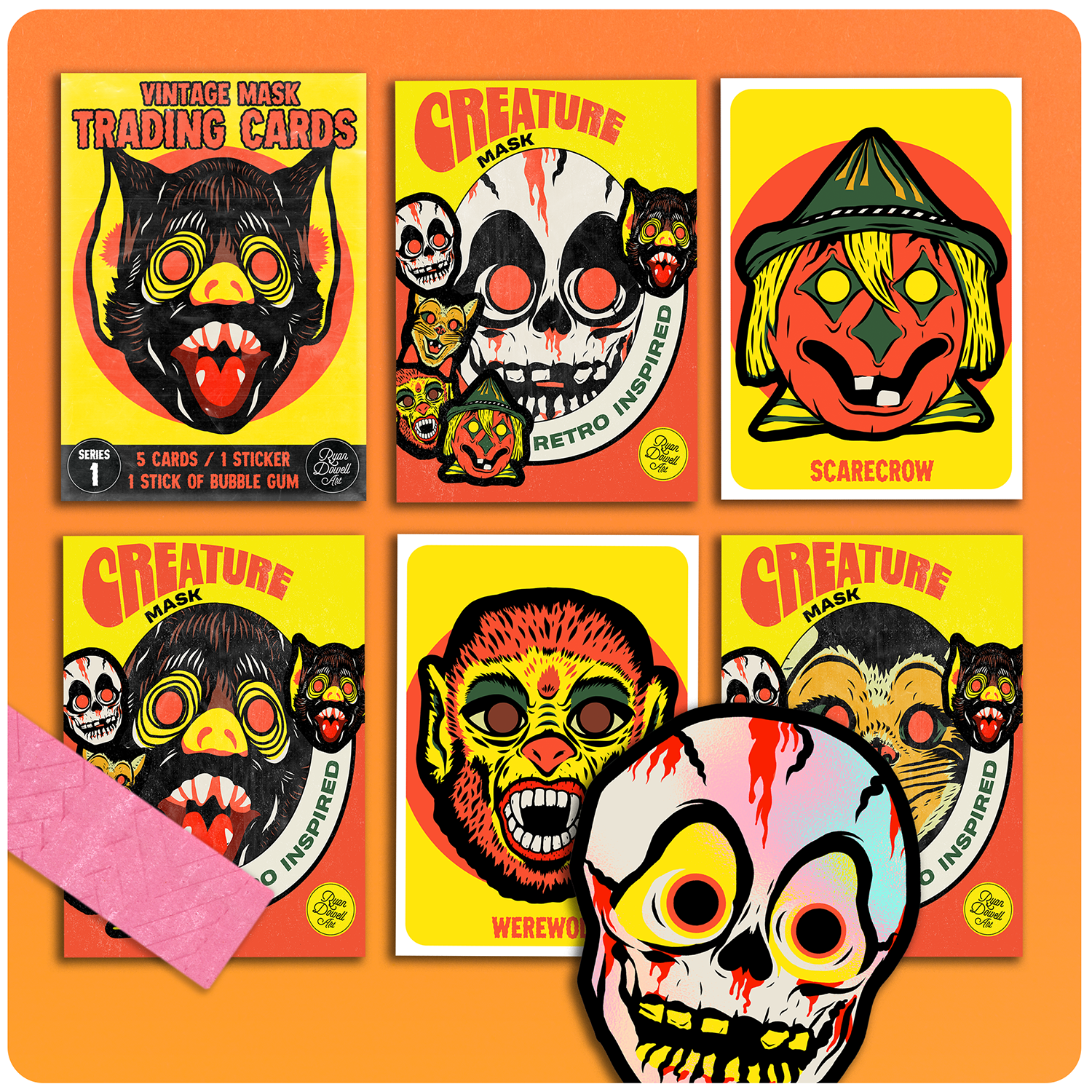 Retro Inspired Halloween Mask Wax Pack Trading Card Set