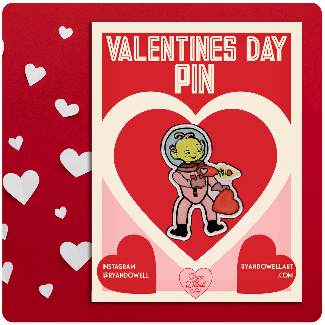 Valentine's Day Space Alien with Love Ray Gun Lapel Pin