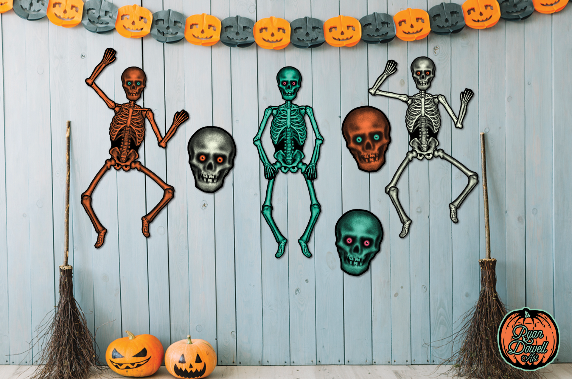 Set of 3 Retro Inspired Halloween Skulls Cutout Decoration Set